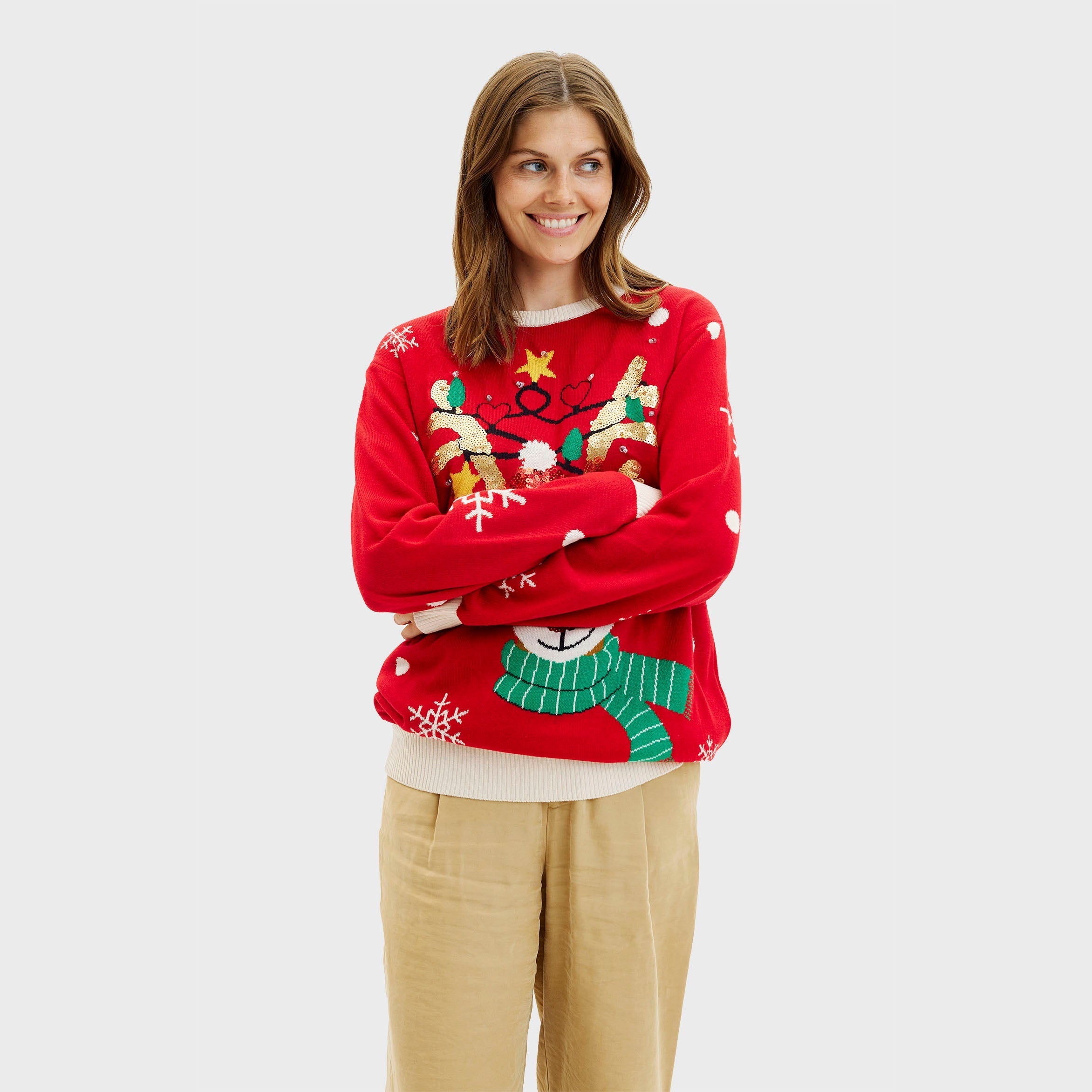 Roter Weihnachtspullover Damen mit süßem Rentier und Schneeflocken, Weich Acrylmaterial, weihnachtspullover damen.